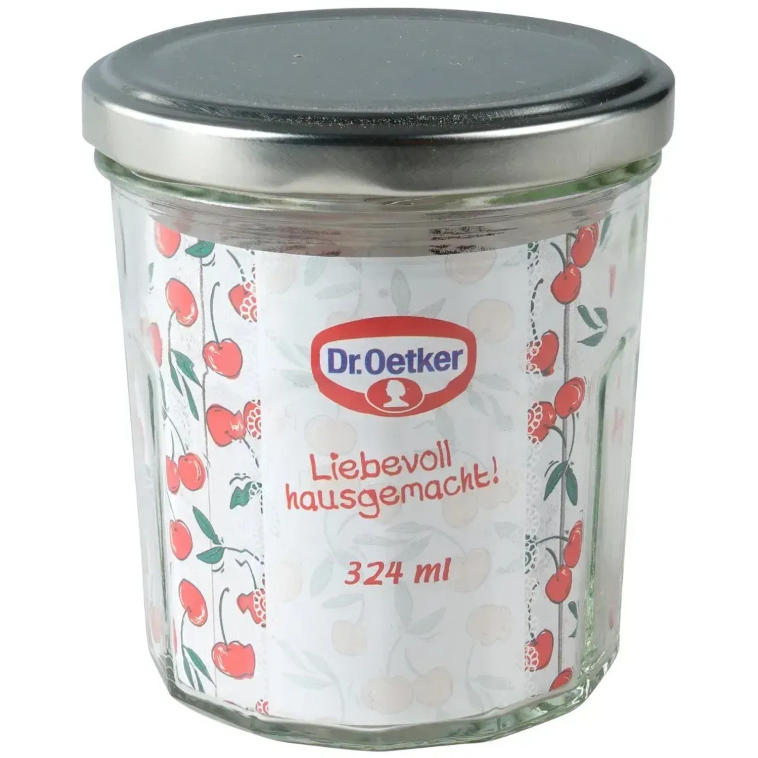Dr. Oetker Einmachglas, 324 ml, transparent mit Kirschmuster und silbernem Deckel.