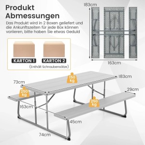 Graue klappbare Bierzeltgarnitur, 183 cm Biertisch (150kg) und 2 Bänke (je 250kg). Maße im Detail, Lieferung in 2 Kartons.