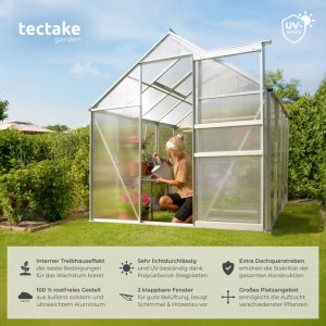 Tectake Gewächshaus mit Alurahmen, transparenten Wänden und offener Schiebetür im Garten.