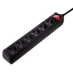 Schwarze Hama Steckdosenleiste mit 6 Schutzkontakt-Steckdosen und Schalter, 5 m Kabel.