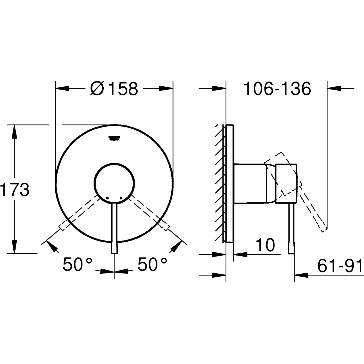 Technische Zeichnung Grohe Essence Einhand-Brausebatterie Warm Sunset für Unterputz mit Maßangaben.