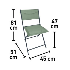 Klappstuhl Toconao in Anthrazit-Grün mit Maßangaben für Sitzhöhe, -tiefe und Gesamthöhe.
