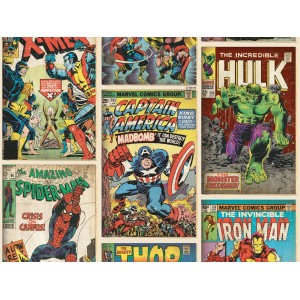 Mehrfarbige Papiertapete mit Marvel Superhelden Motiven: Spiderman, Hulk, Iron Man und Captain America.