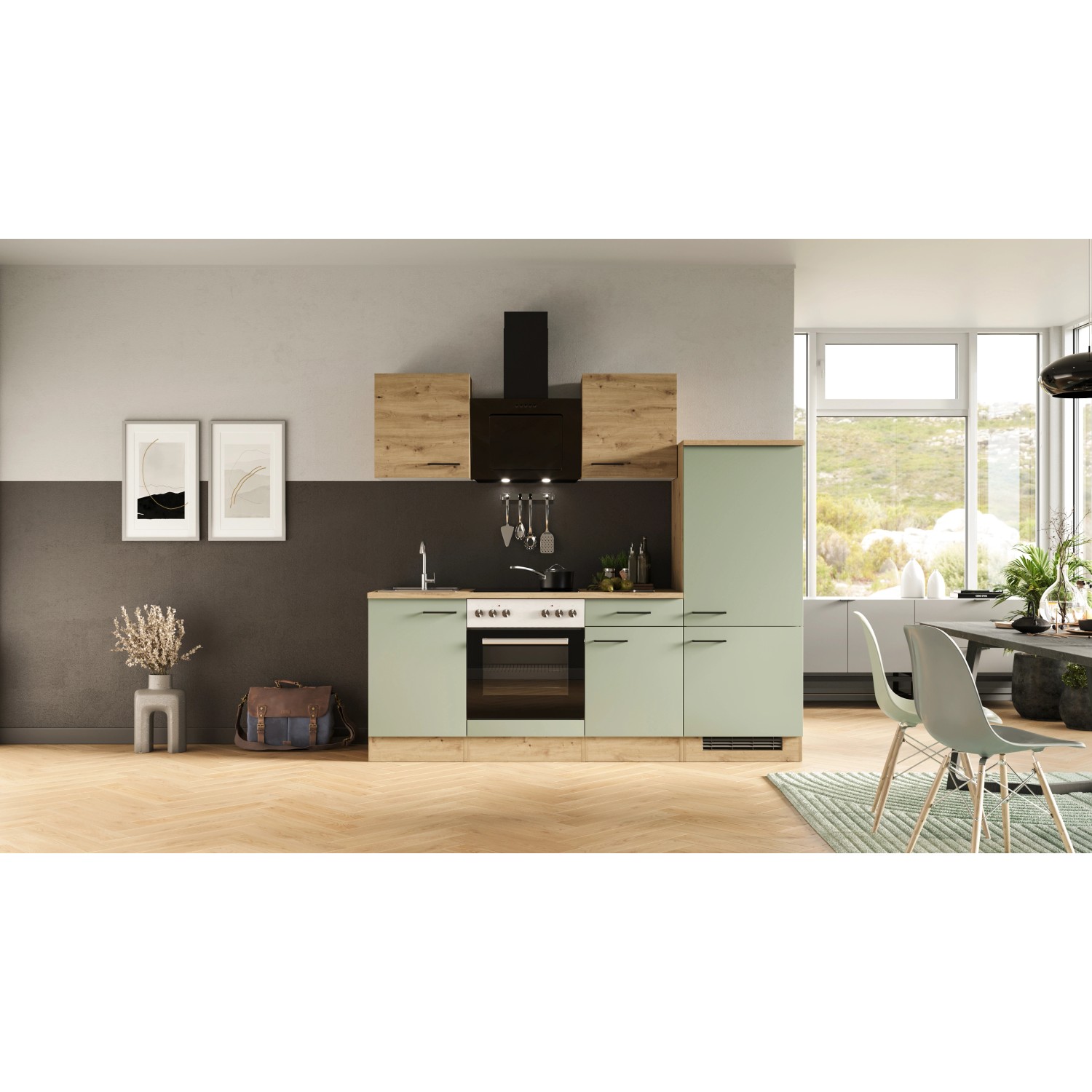 Flex-Well Küche Cara in Schilfgrün/Artisan Eiche mit E-Geräten und Dunstabzugshaube.
