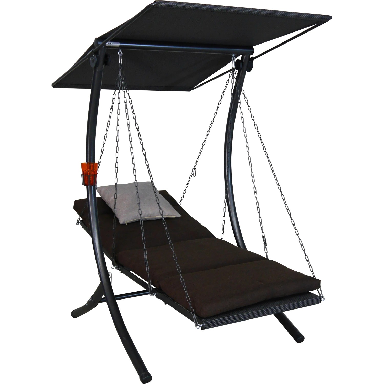Angerer Hollywoodschaukel Swing Smart Coffee, 1-Sitzer mit Sonnendach und brauner Liegefläche.
