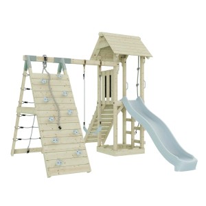 OutdoorToys Spielturm Trondheim mit Schaukel und Rutsche, aus Holz und in Eisblau.