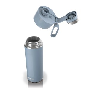 Offene blaue Ninja Thirsti Trinkflasche (700 ml) mit Deckel, geeignet für kohlensäurehaltige Getränke.