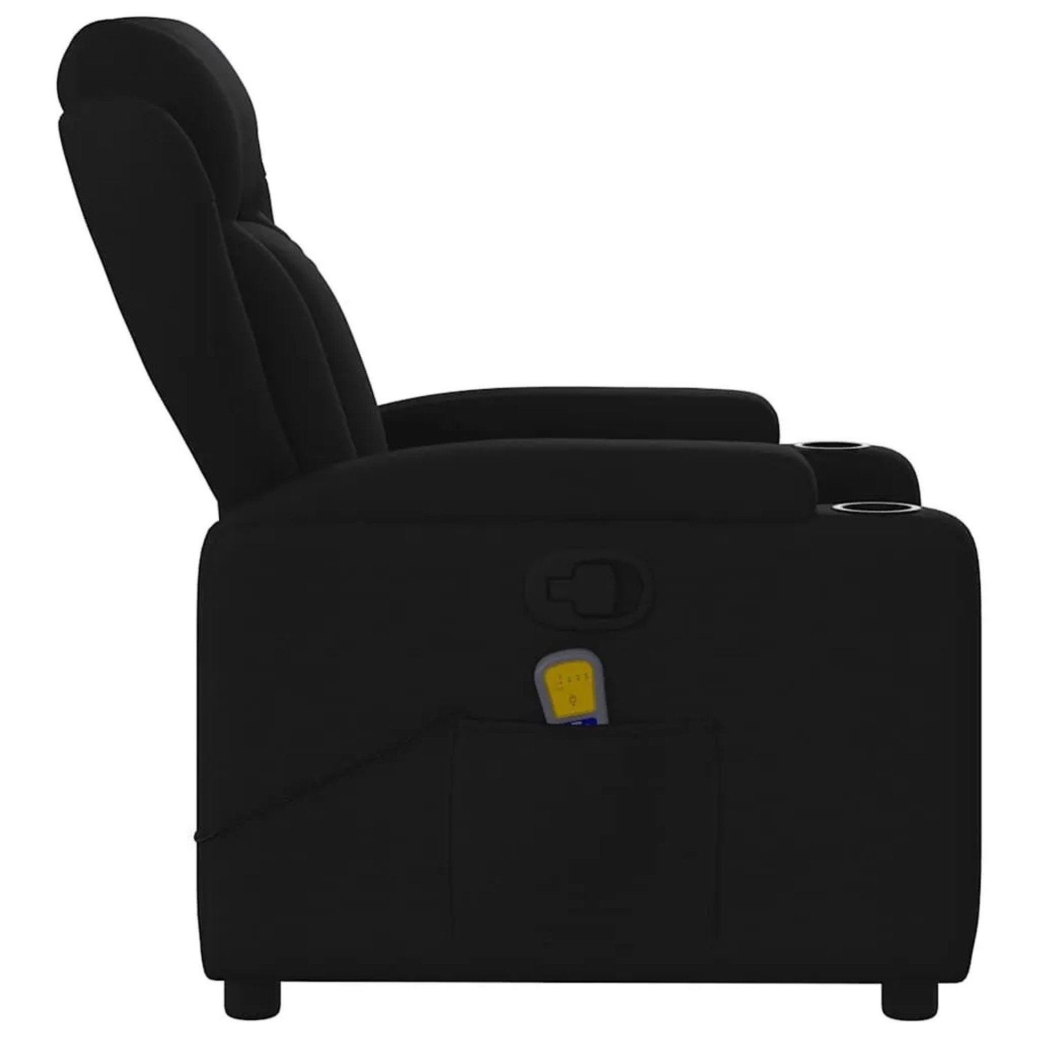 Schwarzer Relaxsessel mit Massagefunktion, Getränkehalter und Fernbedienungstasche.