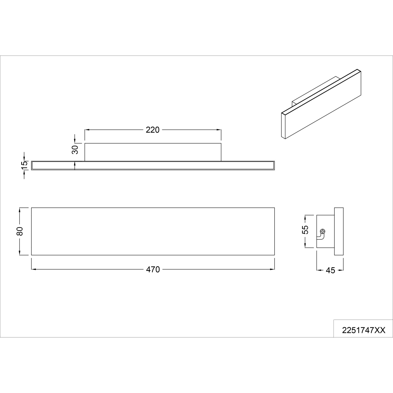 Technische Zeichnung der anthrazitfarbenen LED-Wandlampe Concha von Trio Leuchten, 80x47 cm.