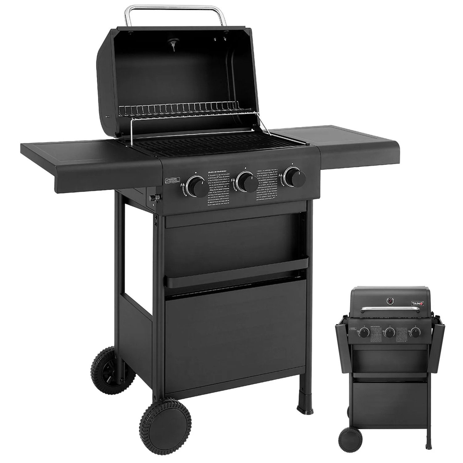 Schwarzer Taino Compact 3+0 Gasgrill mit 3 Brennern, offenem Deckel, ausklappbaren Seitenablagen und Rollen. Kompakt.