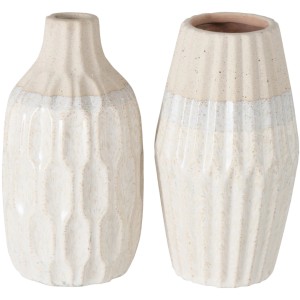 Zwei beige-cremefarbene Boltze Vasen Malia aus Steingut, 22 cm hoch.