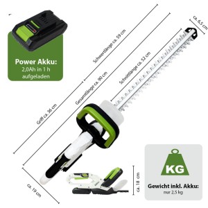 TRUTZHOLM Akku-Heckenschere 20V mit Akku und Ladegerät, 52cm Schnittlänge.