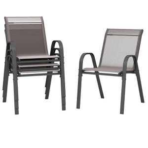 Graues 4er Set stapelbarer Gartenstühle mit Textilene-Sitz und Metallgestell. Ideal für Terrasse.