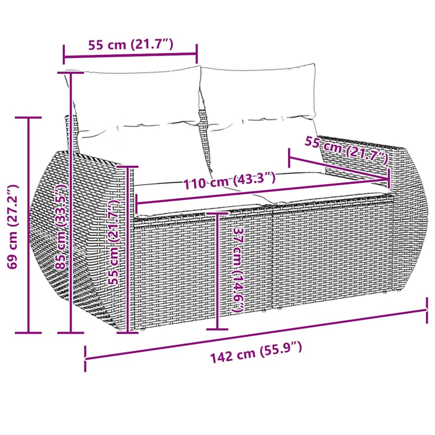 vidaXL Gartenmöbel Set, 10-teilig, schwarz, Poly Rattan. Sofa mit Maßen.