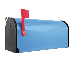 Banjado US Briefkasten in Schwarz mit pastellblauem Motiv und roter Fahne.