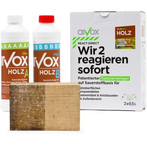 Arvox Pro Reiniger Holz 1L: Holzreiniger Set mit Vorher-Nachher-Effekt auf Holzstück.