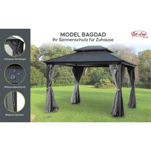 Anthrazitfarbener Jet-Line Gartenpavillon Bagdad mit Metalldach und Vorhängen.