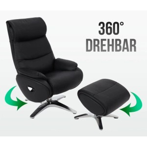 Schwarzer MCW Relaxsessel mit Hocker, 360° drehbar, verstellbar, dick gepolstert. Komfortabler Loungesessel.