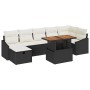 Schwarzes 8-tlg. vidaXL Garten-Sofa-Set aus Poly Rattan mit Tisch und hellen Auflagen.