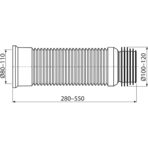 Technische Zeichnung: Alcadrain A97 Flexschlauch für WC, variable Länge (280-550mm), Anschlussdurchmesser 80/110 x 100/120 mm.