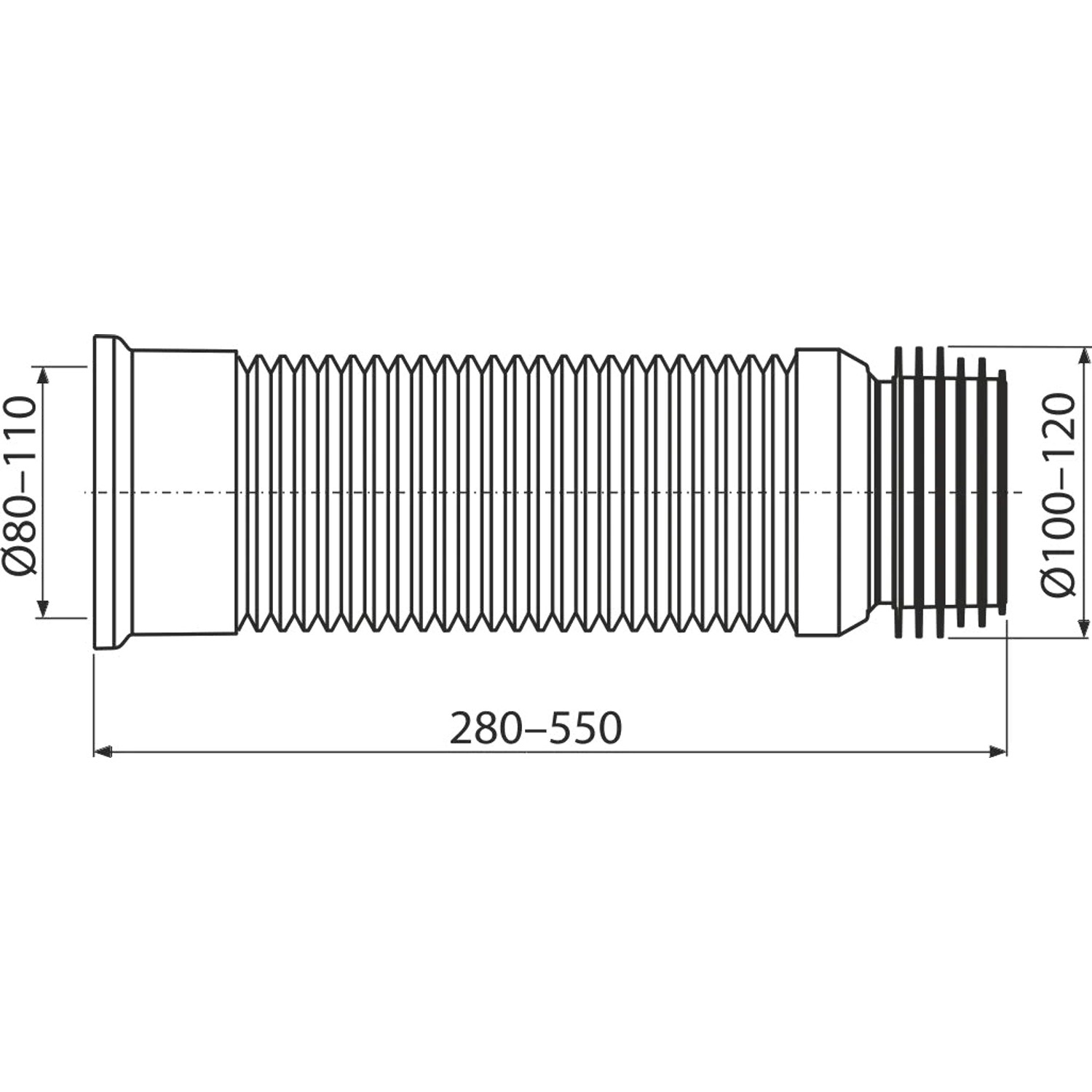 Technische Zeichnung: Alcadrain A97 Flexschlauch für WC, variable Länge (280-550mm), Anschlussdurchmesser 80/110 x 100/120 mm.