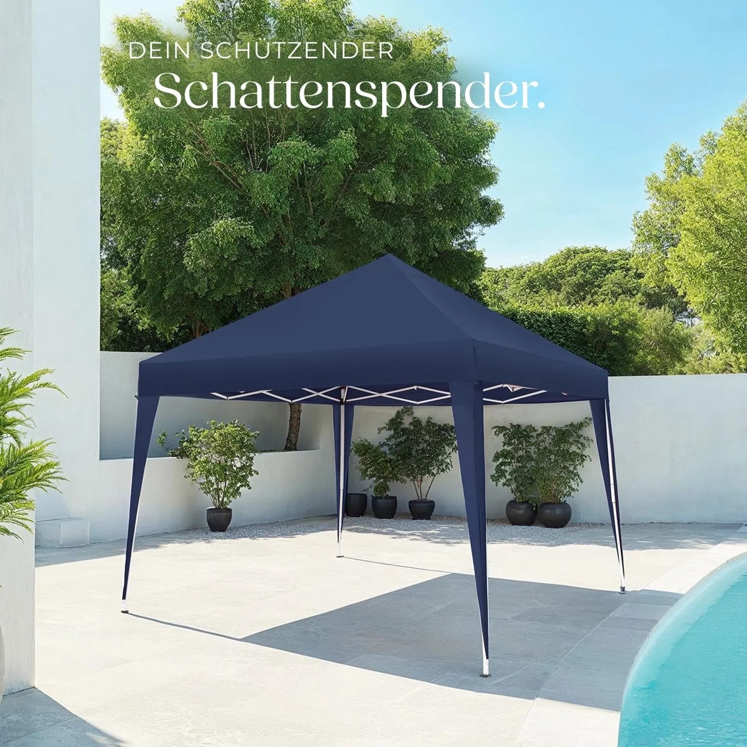 Blauer, wasserabweisender Faltpavillon Linosa 3x3 m von Tectake im Garten.