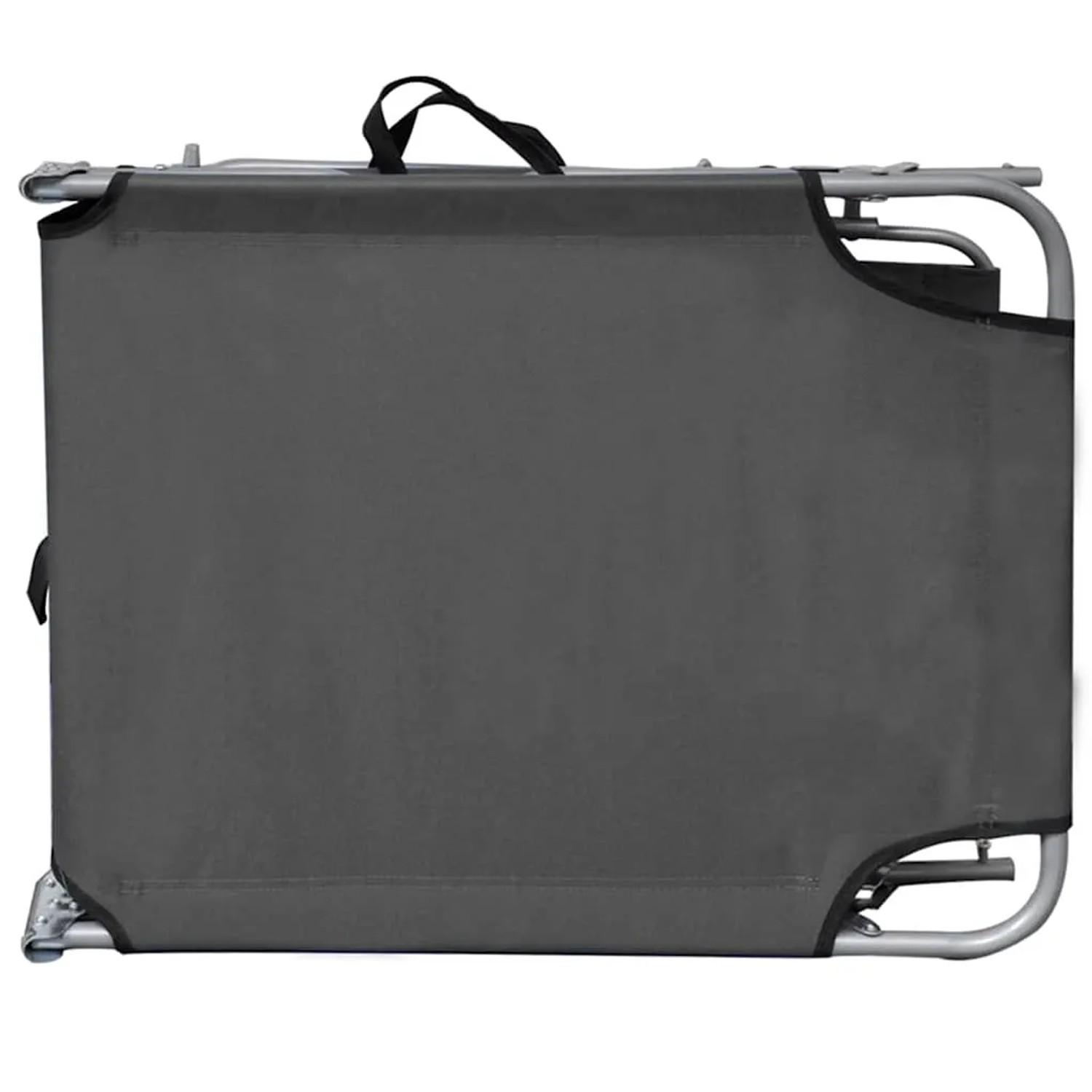 Zusammengeklappte, graue vidaXL Klappliege mit Sonnendach aus Aluminium und Polyester.