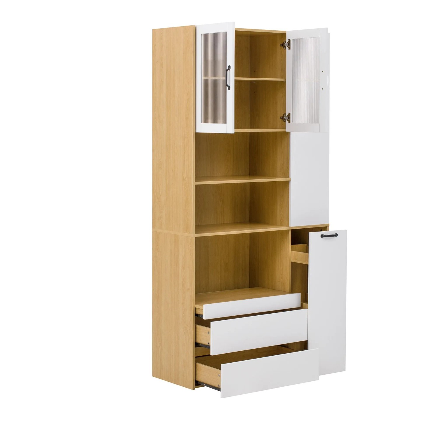 okwish Highboard mit Riffelglas Schubladen Verstellbare Böden Küche 100x40x200cm Natur