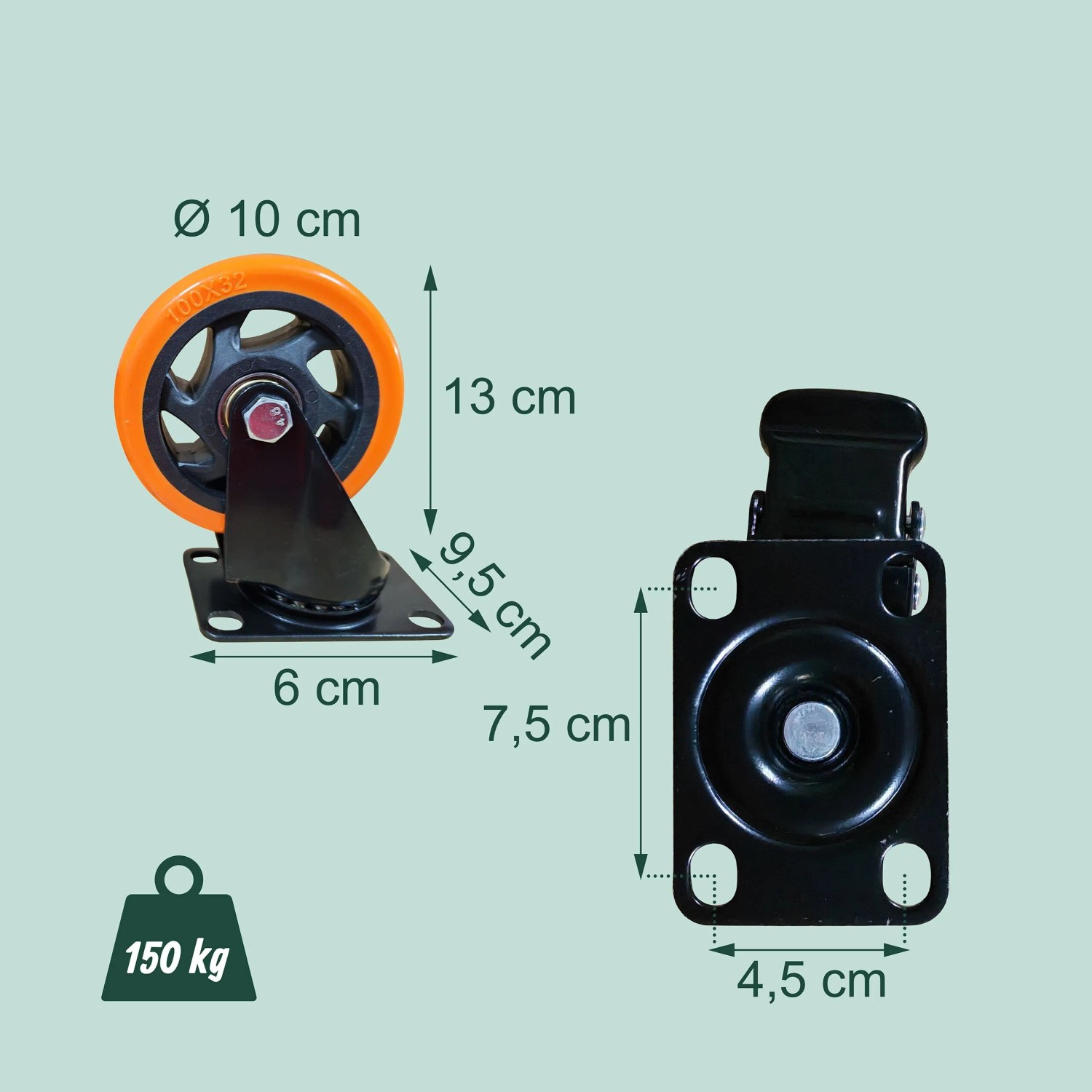 Relaxdays Lenkrollen 4er Set Stahl Kunststoff Schwarz Orange mit Bremse 100 mm_4