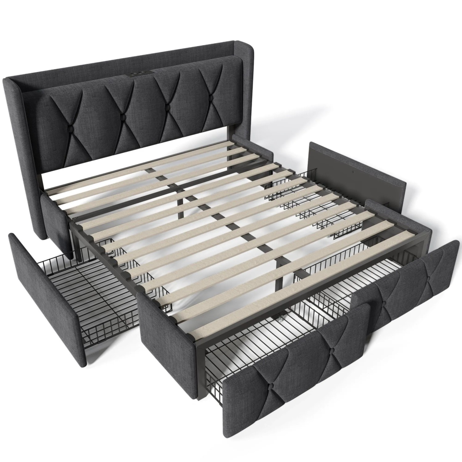 KOMHTOM Polsterbett 140x200Cm Mit Usb-Ladefunktion  Kopfteil  4 Schubladen  Lattenrost  Doppelbett  Stauraumbett  Grau  Ohne Matratze