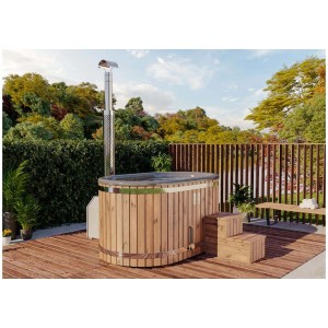 Finntherm Hot Tub Stockholm Anthrazit Ø 200 cm aus Thermoholz mit Edelstahl Ofen und Treppe.