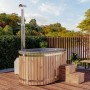 Finntherm Hot Tub Stockholm Anthrazit Ø 200 cm aus Thermoholz mit Edelstahl Ofen und Treppe.
