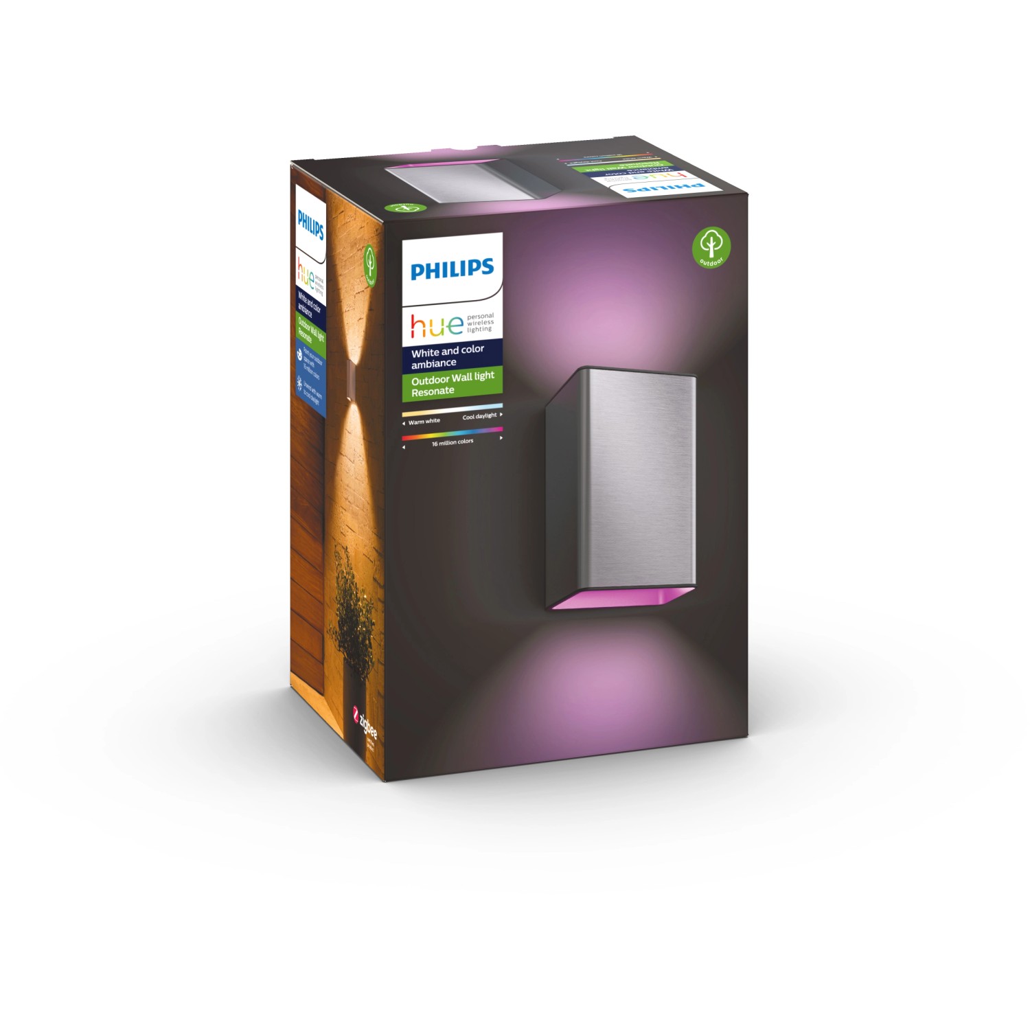 Verpackung der Philips Hue LED-Außenwandleuchte Resonate in Silber. Moderne Wandlampe für den Außenbereich.