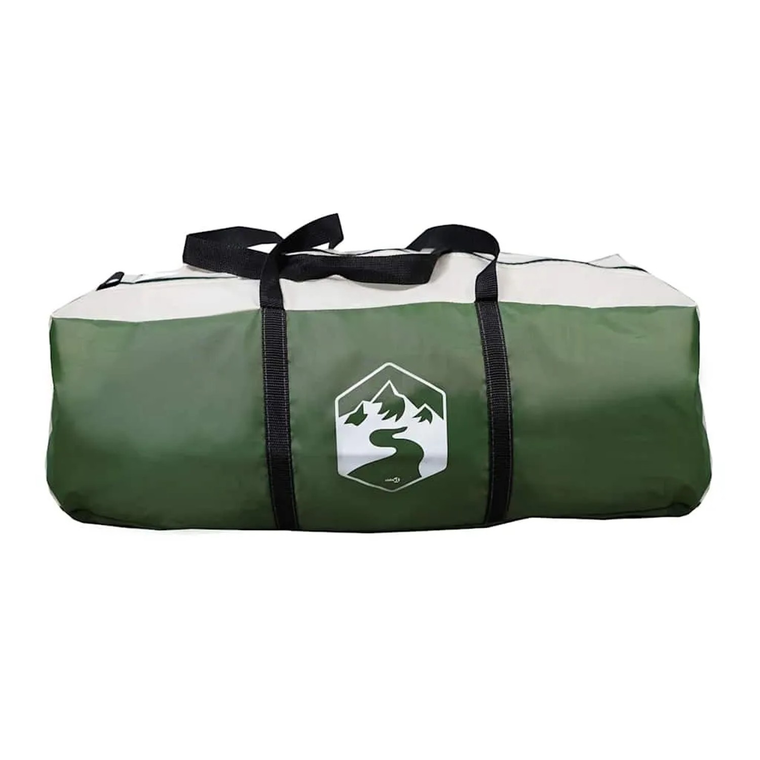 Grüne vidaXL Zelttasche aus Polyester mit beigem Oberteil, schwarzen Tragegriffen und Berg-Fluss-Logo.