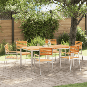 7-teiliges Garten Esstisch Set aus Teakholz von vidaXL. Rechteckiger Tisch mit 6 Stühlen im Garten.