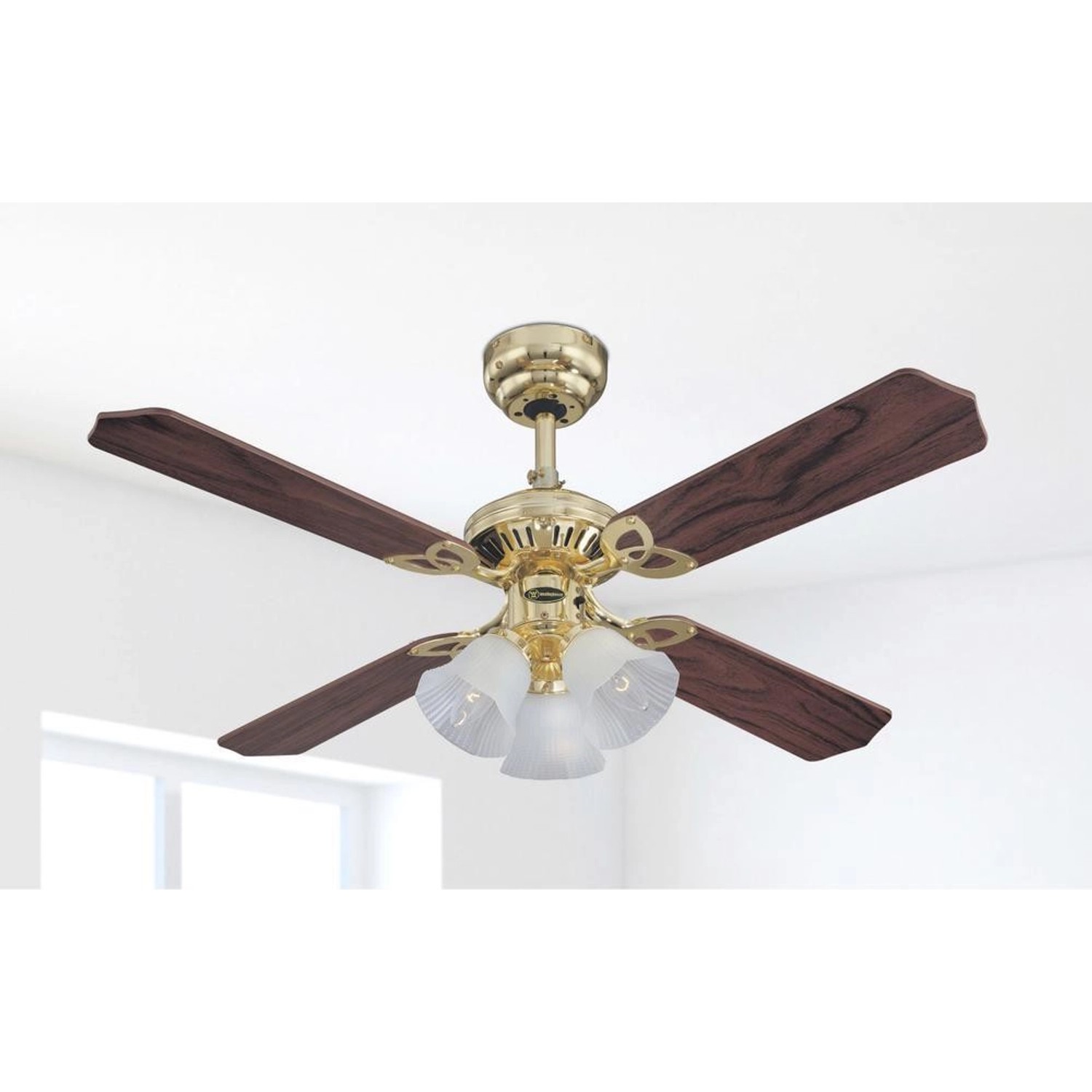 WESTINGHOUSE Deckenventilator Princess Trio, 105 cm, Messing poliert, mit Leuchten und Zugketten.