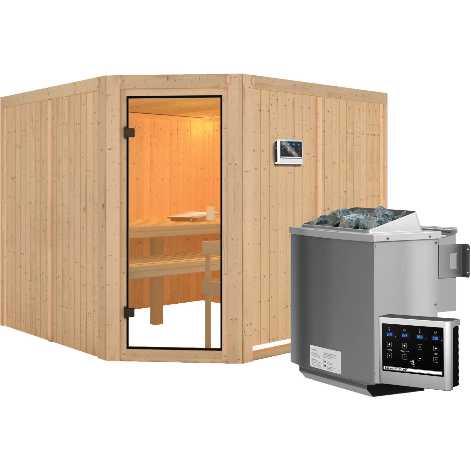Karibu Sauna Ystad inkl. 9 kW Bio-Ofen mit ext. Strg., Glastür Bronziert