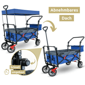 deluxe4home Bollerwagen, faltbarer Transportwagen mit abnehmbarem Dach, blau-grau.