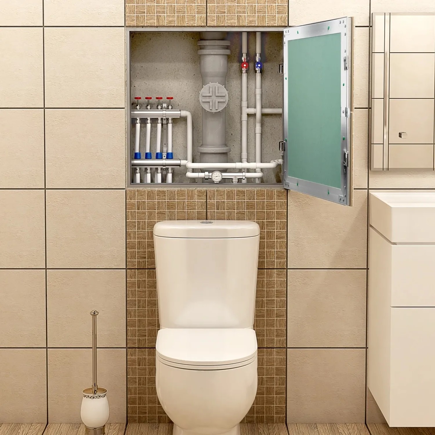 Offene Revisionsklappe (150x200 mm) von ECD Germany im Badezimmer, Gipskarton-Einlage.