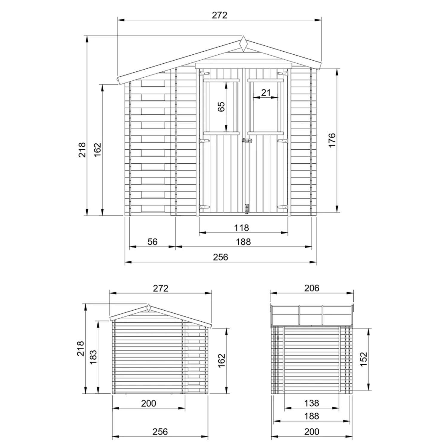 Technische Zeichnung Timbela Holz-Gartenhaus M386C (4,5 m²) mit Maßen.