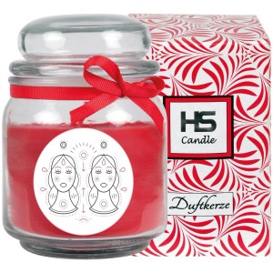 HS Candle Duftkerze Sternzeichen Zwillinge im Glas mit rotem Wachs und Schleife.