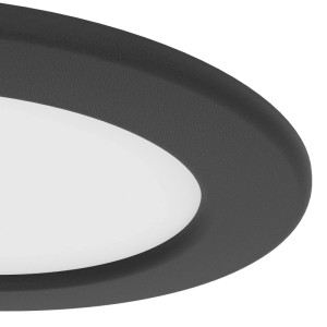 Runde EGLO LED Einbauleuchte, schwarz, mit weißem Diffusor. CCT-Technologie, IP44 Schutz für Feuchträume.