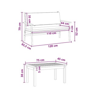 vidaXL Gartenmöbel-Set, 2-teilig, braun, Akazienholz, mit Bank und Tisch, Maße eingezeichnet.