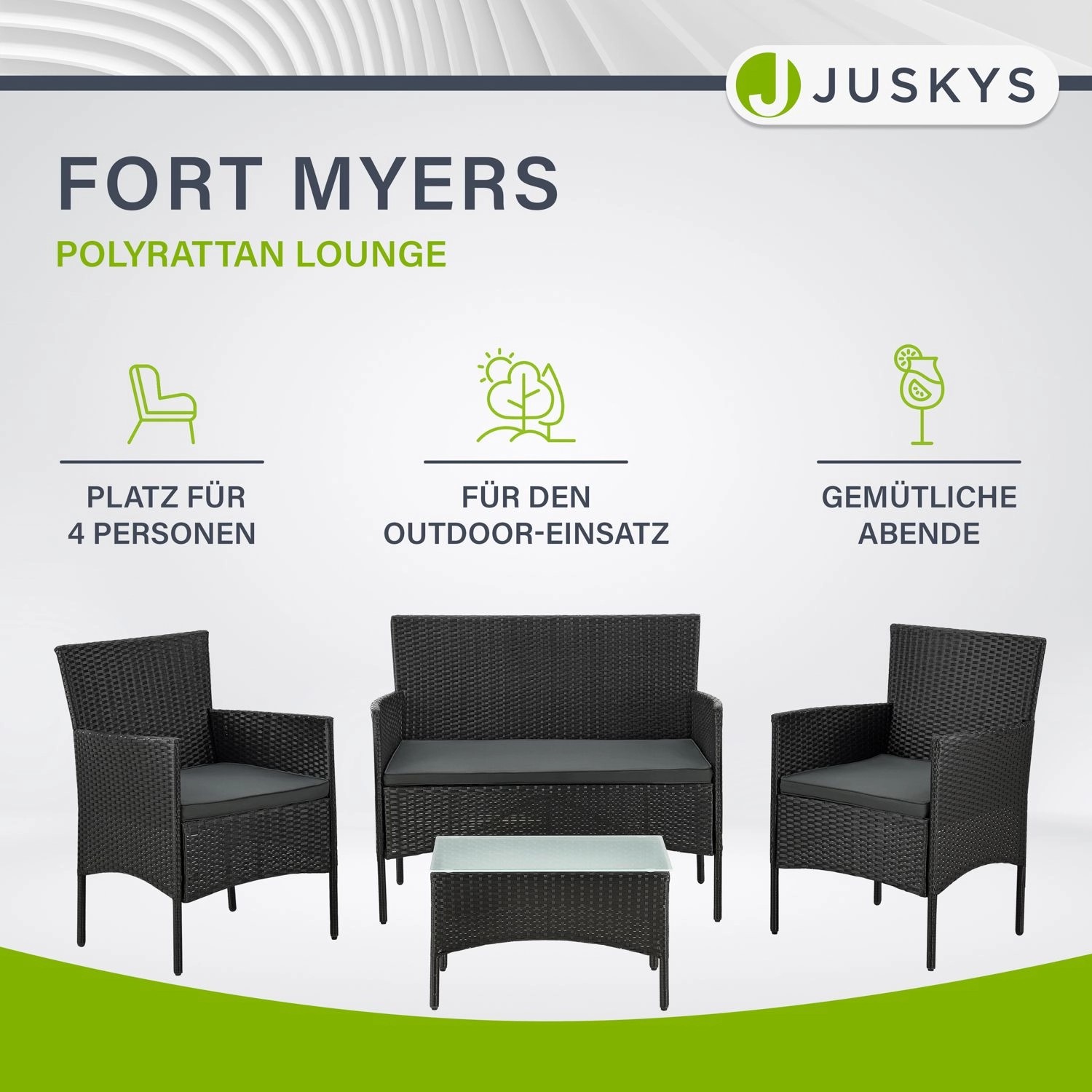 Juskys Polyrattan Sitzgruppe Fort Myers, schwarz mit dunkelgrauen Bezügen. Gartenmöbel Set mit Tisch, Bank und 2 Stühlen.
