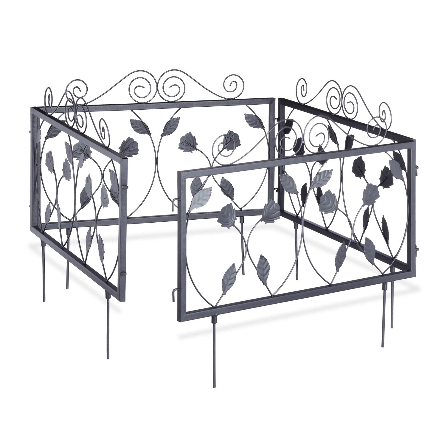 Relaxdays Beetzaun 4er Set Metall Schwarz mit Erdspießen 225 cm