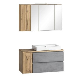 Held Möbel Waschtisch-Set Ancona, 105 cm, Betongrau/Wotaneiche mit Becken rechts und Spiegelschrank.