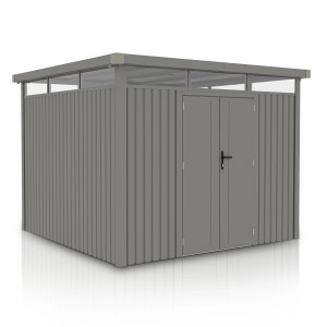 Modernes Juskys Gerätehaus Luzern in Taupe, 8,6 m², mit Doppeltür und Fensterband.