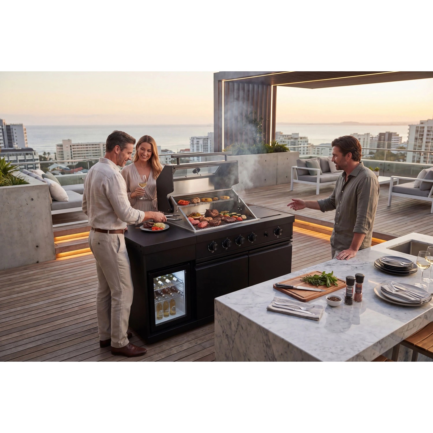 Buschbeck Outdoorküche Dublin Schwarz mit Grill, Sizzle Zone und Getränkekühlschrank.