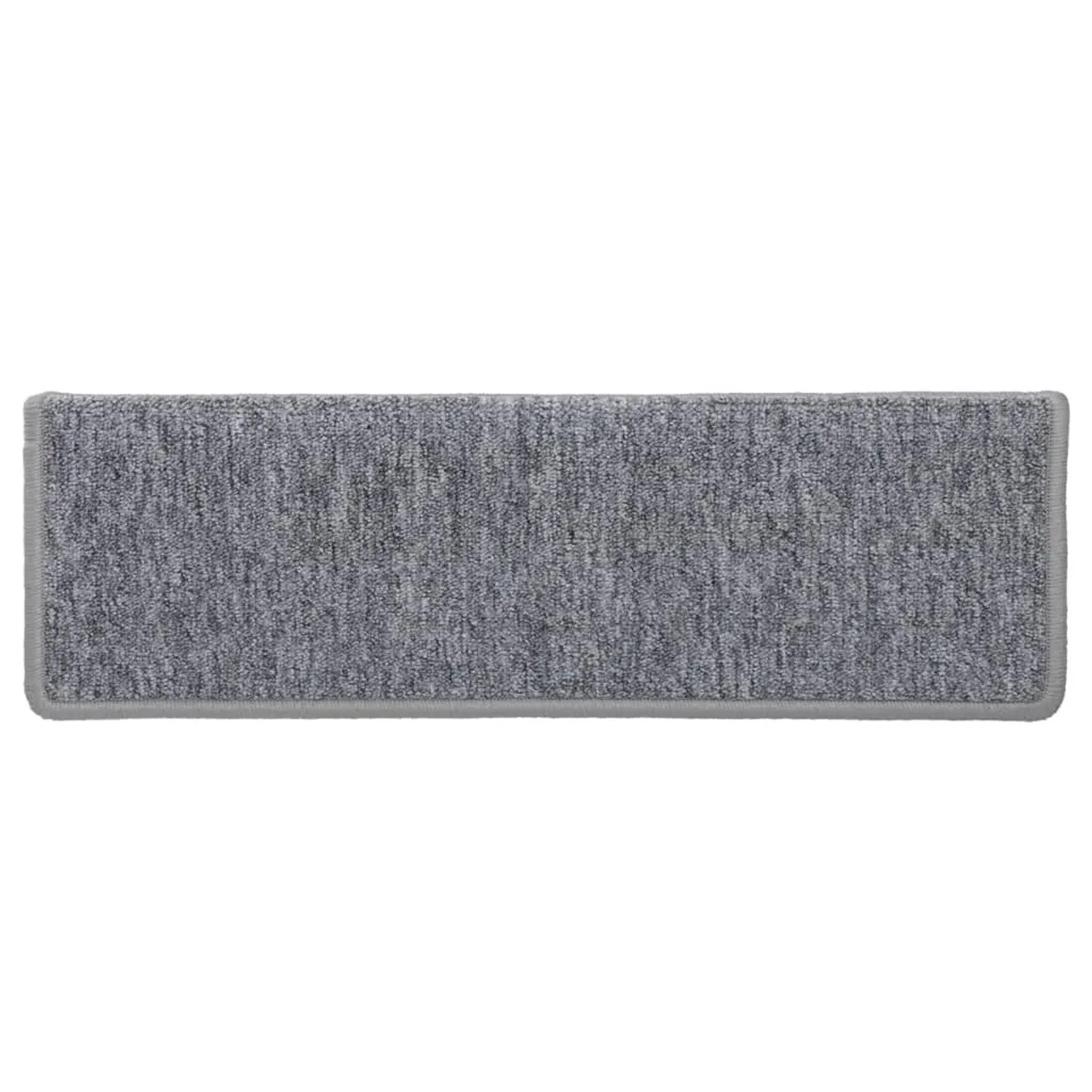 Hellgraue rechteckige Stufenmatte aus Nadelvlies, 65x21 cm, mit dezentem Rand. Rutschfester Treppenschutz.