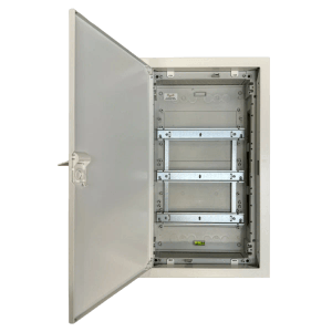 Alphatec Unterputzverteiler Polaris, 3-reihig, mit geöffneter Tür. Leergehäuse für Reiheneinbaugeräte.